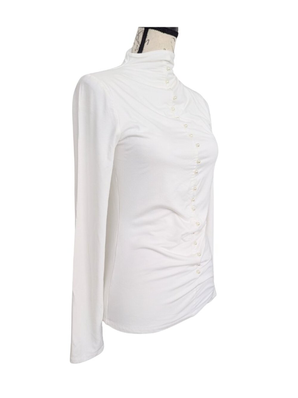 Elie Tahari Ivory Ruched Mock Neck Stretch Knit Top Pearl Detail XS - Picture 3 of 7